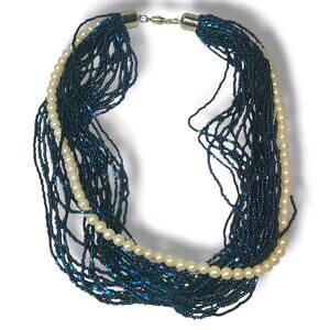 Vintage Blue Peacock Glass Seed‎ Bead & Faux Pearl Multi Strand Necklace 16"